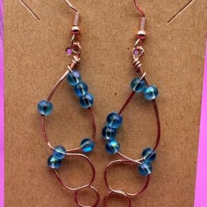 Gold Teardrop Earrings with Blue Beads